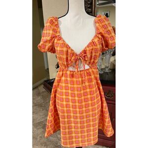 NWT Divided Pink & Orange Plaid Puff Sleeve Dress‎ Size medium